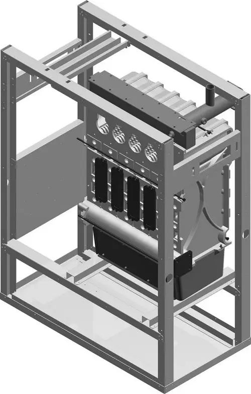BOSCH Kesselblock in einem metallenen Gestell, mit mehreren Komponenten wie Rohren und Anschlüssen im Inneren. Ideal für Heizungsanwendungen.